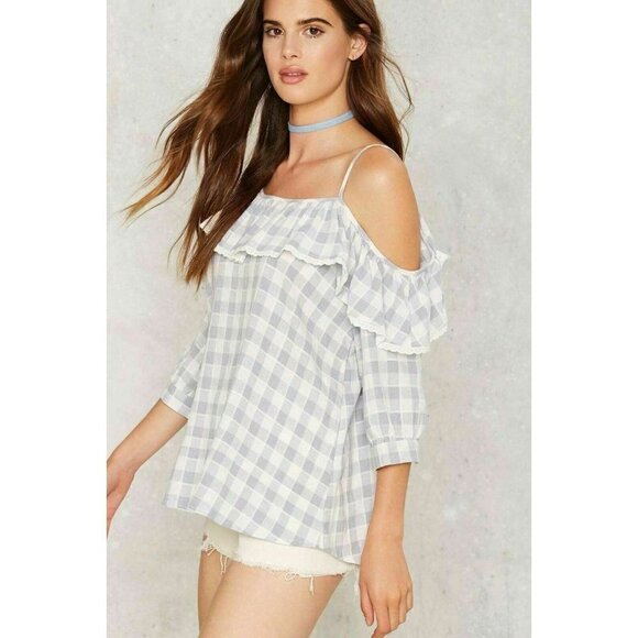 Pursue By Nasty Gal Women's Gray Going Gingham Cold Shoulder Top One Size NWOT - Picture 8 of 14